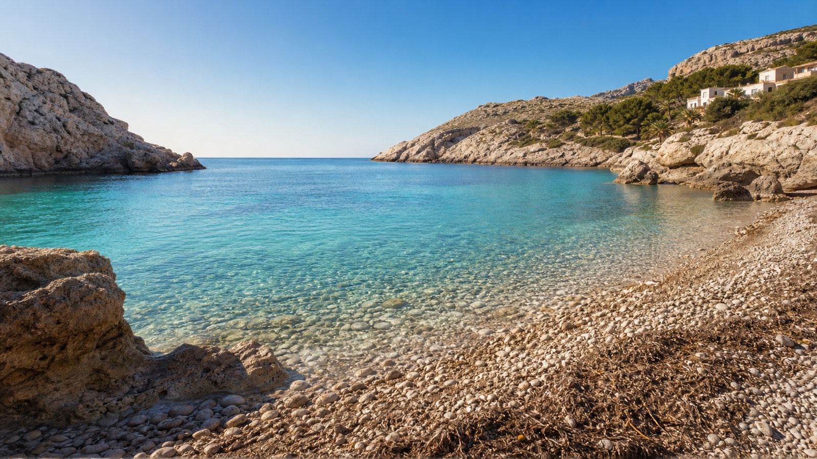 KI-generiertes Stimmungsbild einer kleinen Kies- und Geröllbucht im Stil der Cala Carbó mit klarem Wasser und Kalksteinfelsen