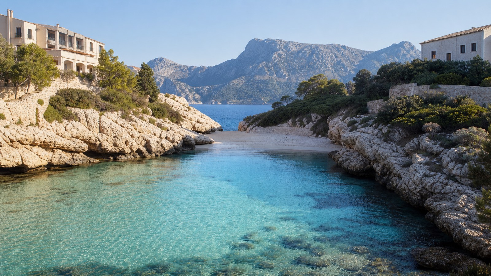 KI-generiertes Stimmungsbild einer sehr kleinen hellen Sandbucht im Stil der Cala Clara bei Cala Sant Vicenç