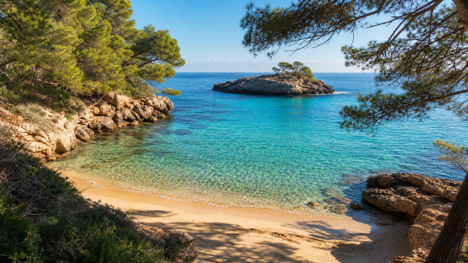 KI-generiertes Stimmungsbild der Cala Comtessa mit kleinem Sandstrand, klarem türkisfarbenem Wasser, Kiefern und Felseninsel