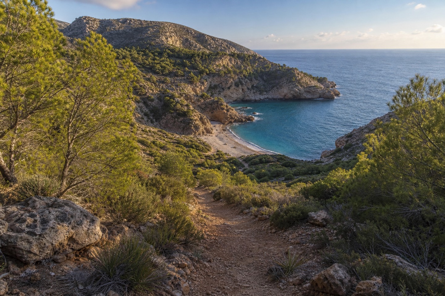 KI-generiertes Stimmungsbild eines anspruchsvollen Wanderwegs durch Pinien hinab zu einer abgelegenen Bucht bei Cala d’Egos