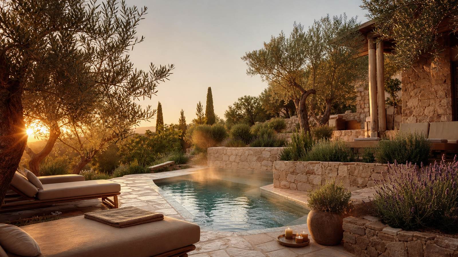KI-generiertes Mallorca-Stimmungsbild eines mediterranen Hotel-Außenbereichs für den Hotelcheck des CALA D´OR in Cala D´Or