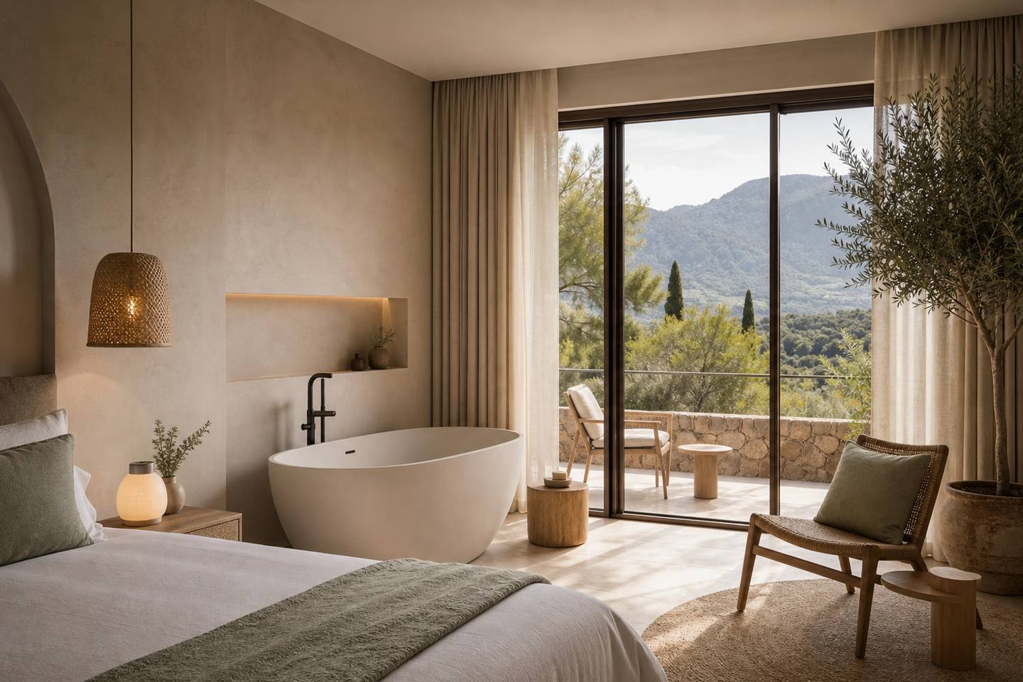 KI-generiertes redaktionelles Stimmungsbild eines mediterranen Hotelzimmers für den Hotelcheck des CALA D´OR in Cala D´Or