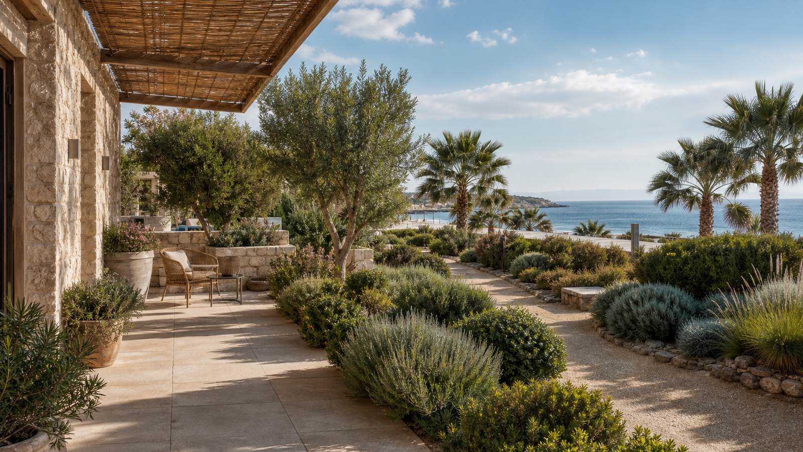 KI-generiertes Mallorca-Stimmungsbild eines mediterranen Hotel-Außenbereichs für den Hotelcheck des CALA DOR PARK in Cala D´Or