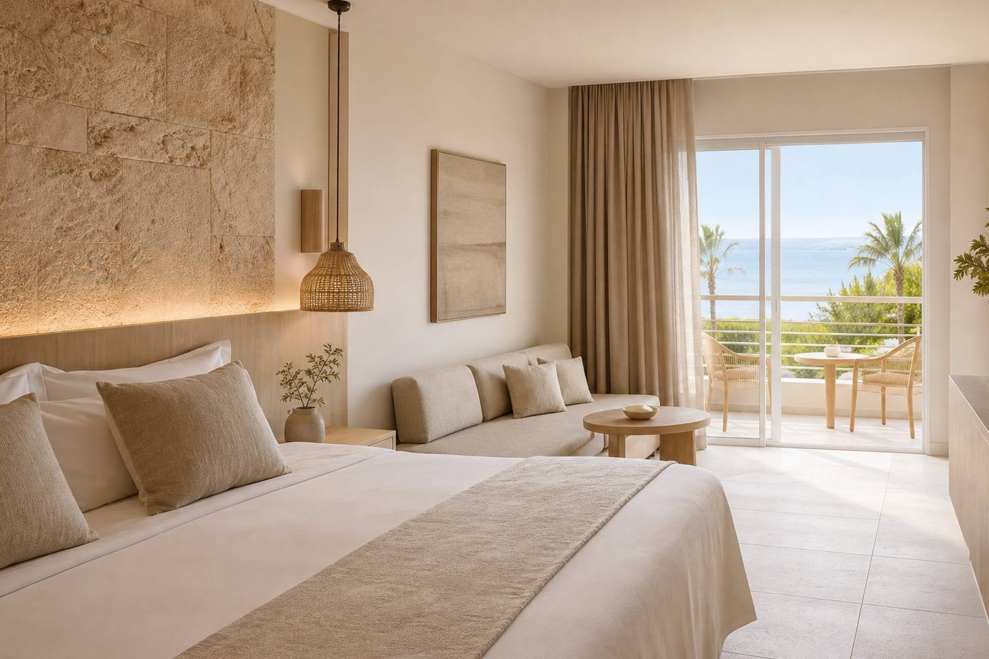 KI-generiertes redaktionelles Stimmungsbild eines mediterranen Hotelzimmers für den Hotelcheck des CALA DOR PARK in Cala D´Or