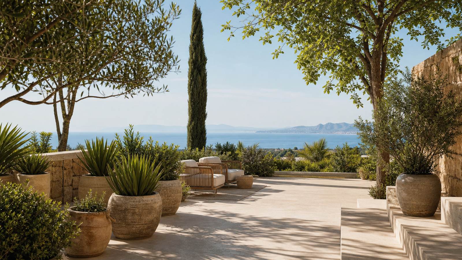 KI-generiertes Mallorca-Stimmungsbild eines mediterranen Hotel-Außenbereichs für den Hotelcheck des CALA D´OR PLAYA in Cala D´Or