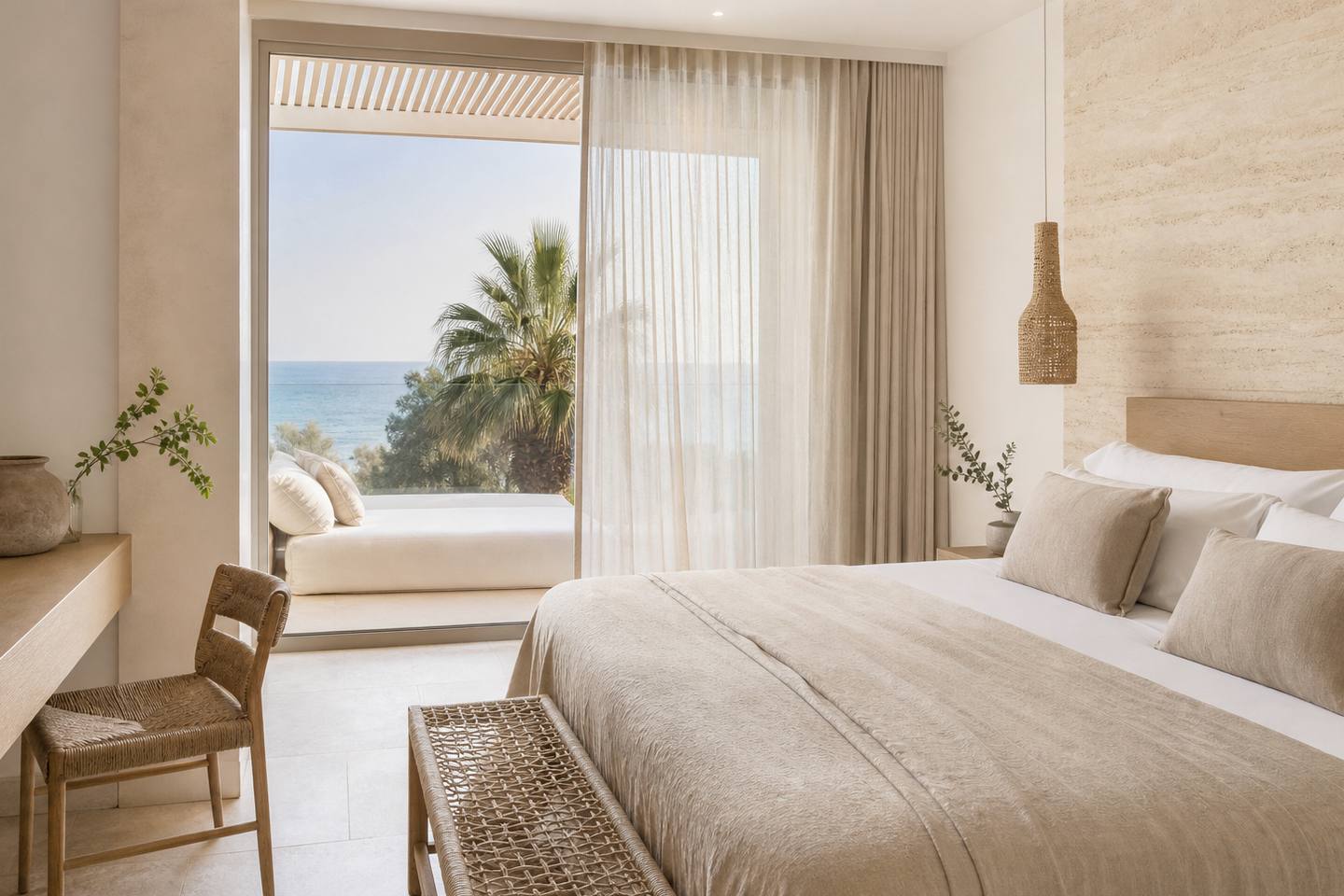 KI-generiertes redaktionelles Stimmungsbild eines mediterranen Hotelzimmers für den Hotelcheck des CALA D´OR PLAYA in Cala D´Or