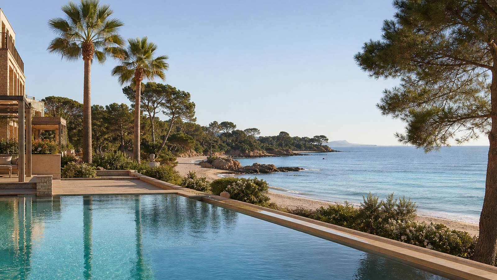 KI-generiertes Mallorca-Stimmungsbild eines mediterranen Hotel-Außenbereichs für den Hotelcheck des CALA DOR SOL in Cala D´Or
