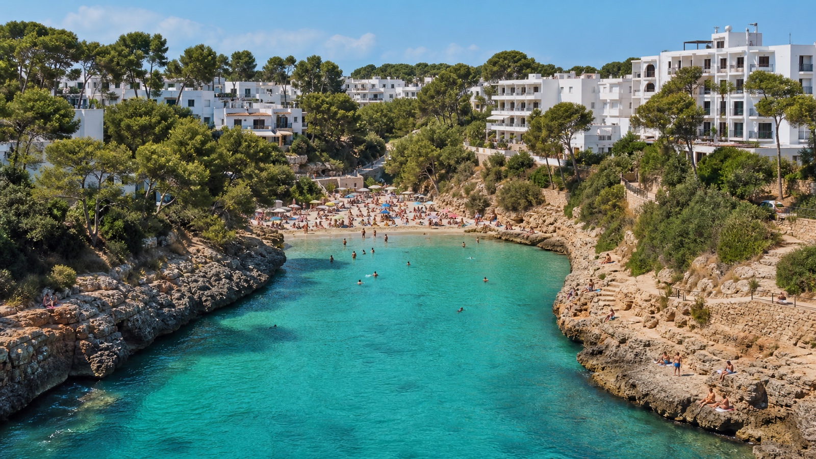 KI-generiertes Stimmungsbild der kleinen gebogenen Sandbucht Cala Egos zwischen mittelhohen Felsen und zurückgesetzten Hotels