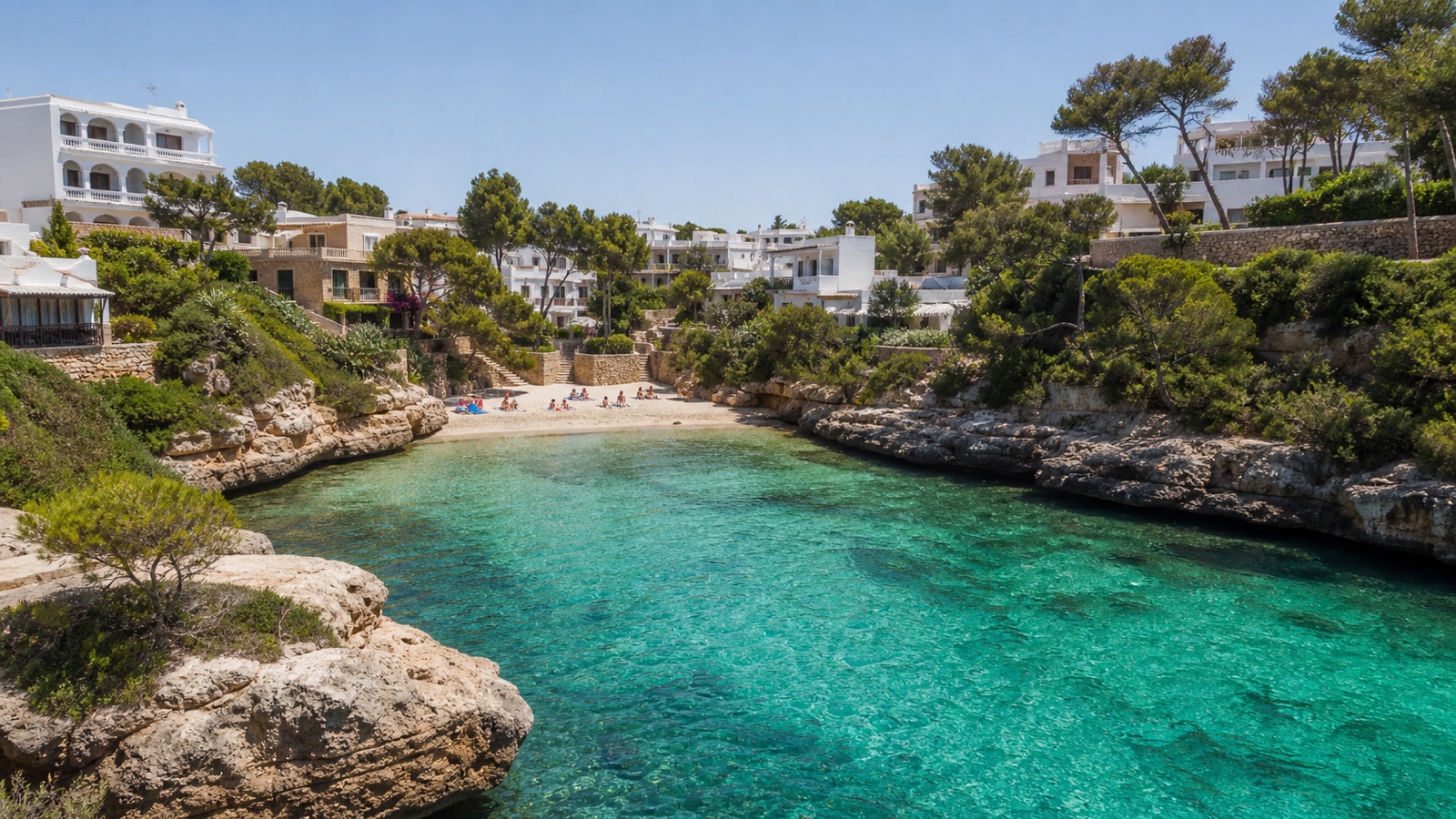 KI-generiertes Stimmungsbild der kleinen Sandbucht Cala Esmeralda in Cala d’Or mit türkisfarbenem Wasser und mittelhohen Felsen