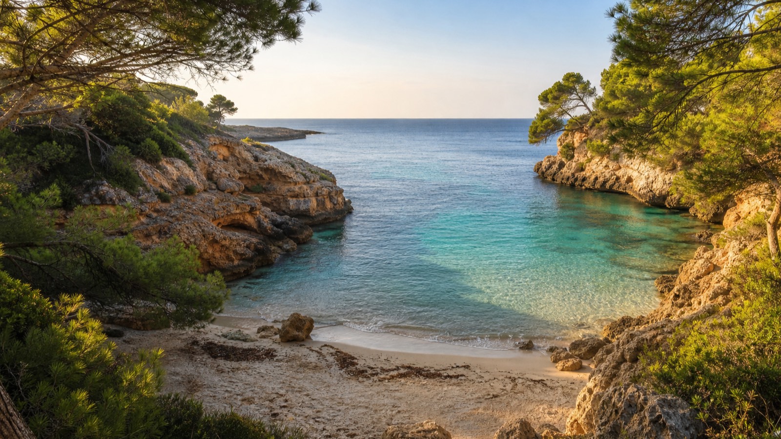 KI-generiertes Stimmungsbild von Cala Falcó mit kleiner Sandbucht, klarem Wasser, Felsen und Pinien