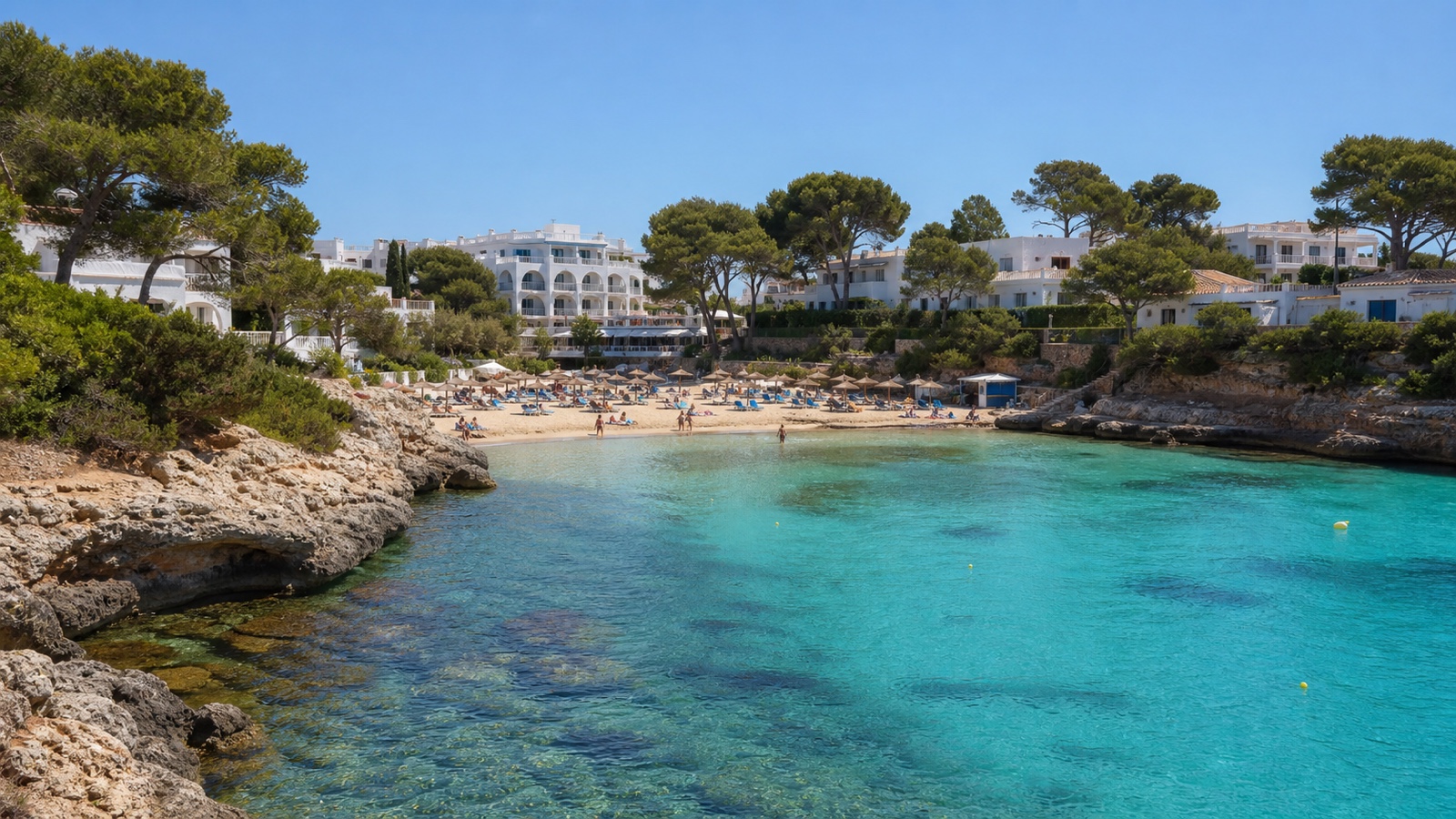 KI-generiertes Stimmungsbild der schmalen Sandbucht Cala Ferrera zwischen niedrigen Felsseiten und Ferienbebauung