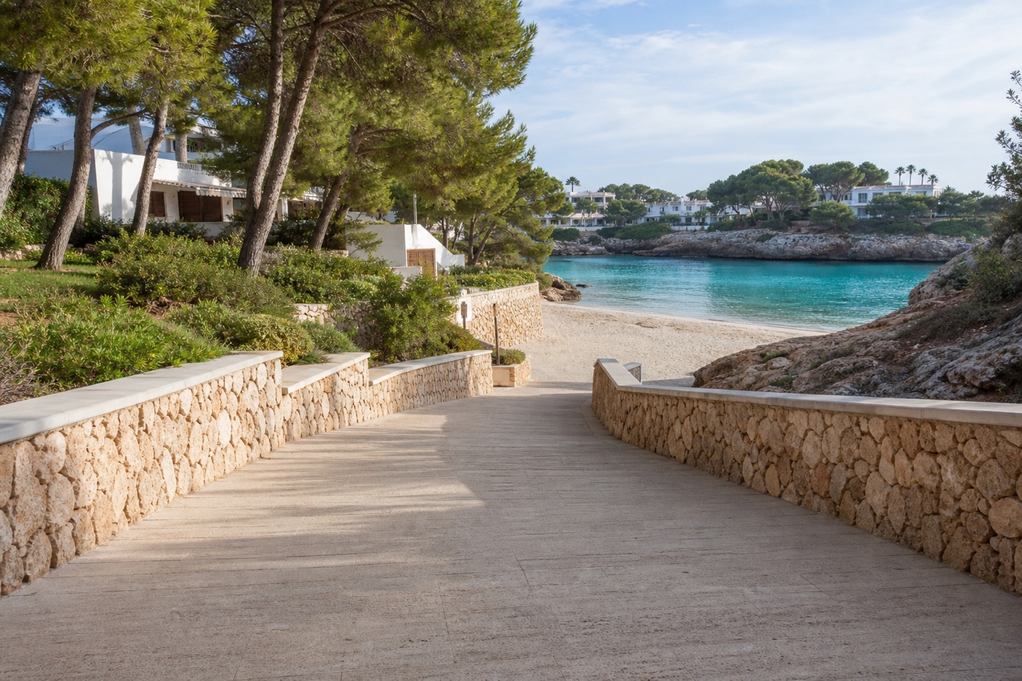 KI-generiertes Stimmungsbild eines rampenartigen Strandzugangs zur Cala Gran in Cala d’Or