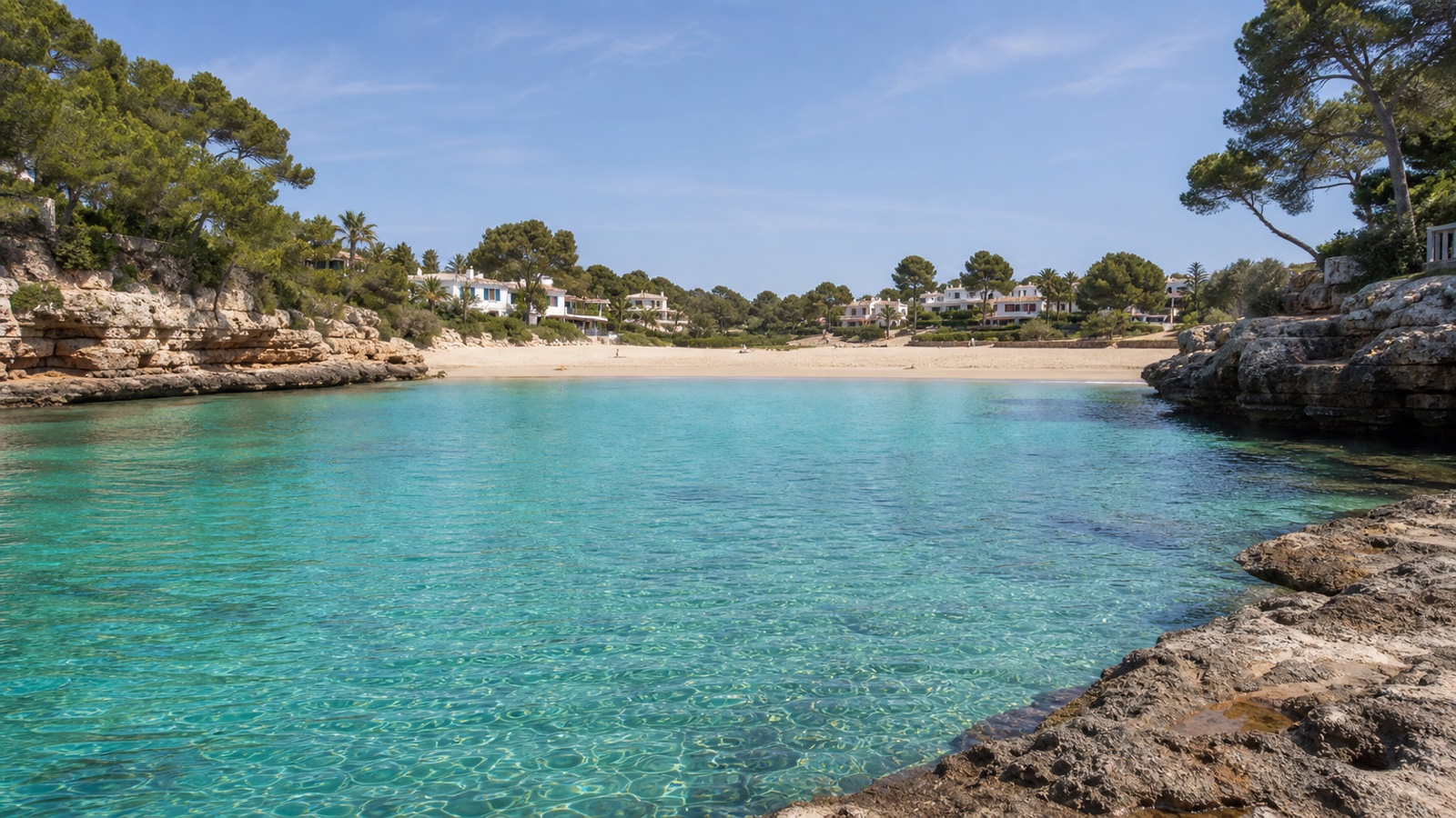 KI-generiertes Stimmungsbild der breiten Sandfläche von Cala Gran zwischen Felsen, Pinien und zurückgesetzter Ferienbebauung