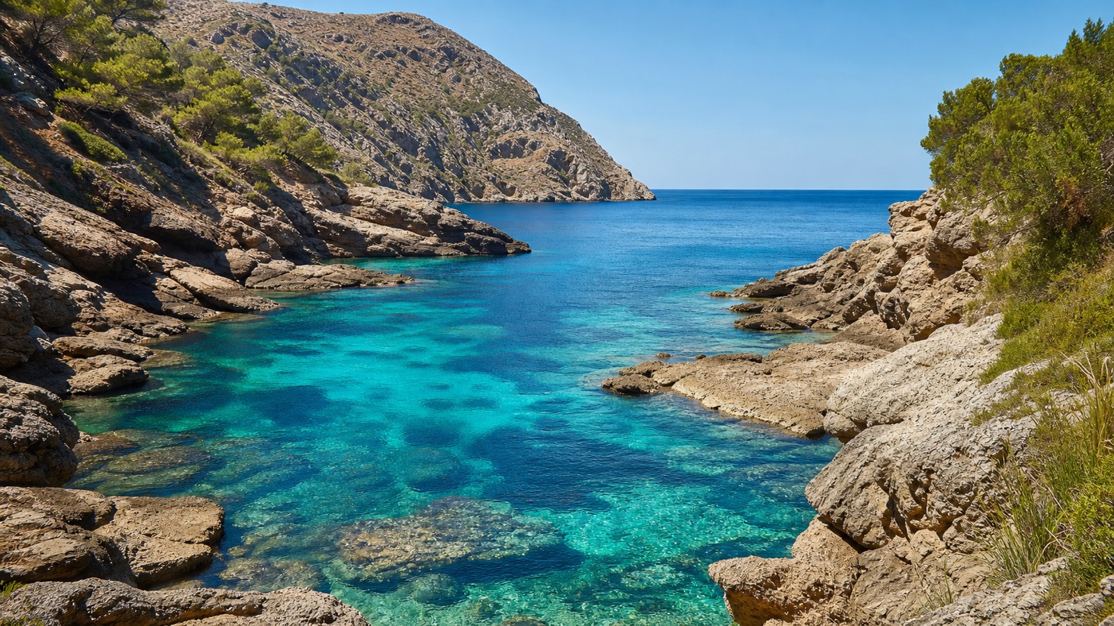 KI-generiertes Stimmungsbild einer felsigen Badebucht bei Cala Llamp mit klarem türkisfarbenem Wasser und steilen Küstenflanken