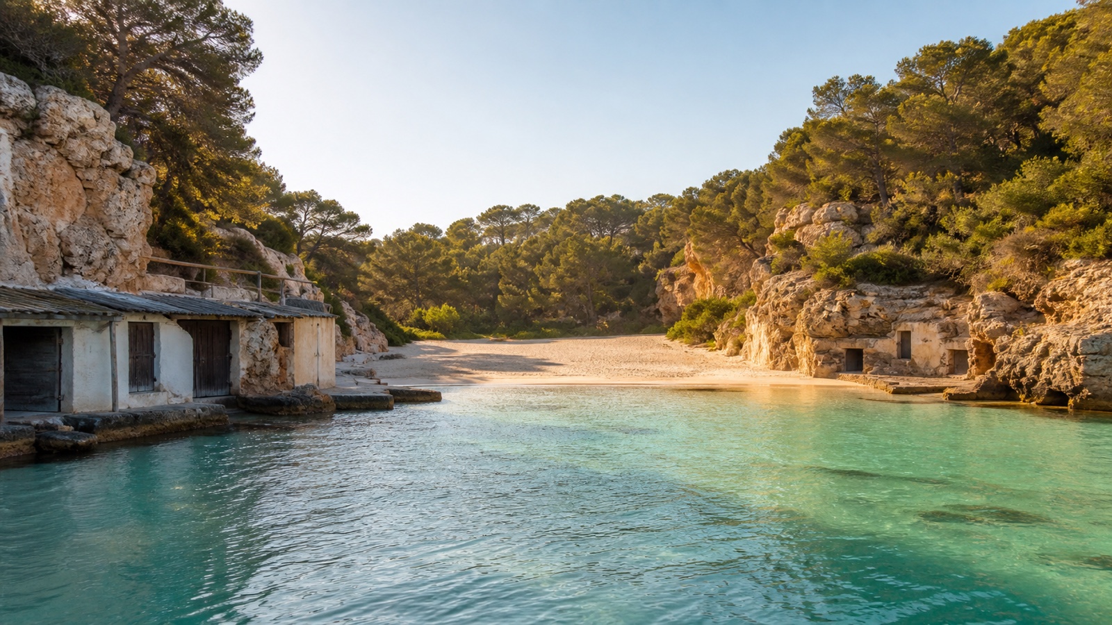 KI-generiertes Stimmungsbild der tiefen Sandbucht Cala Llombards zwischen hohen Felsen und Fischerhäusern