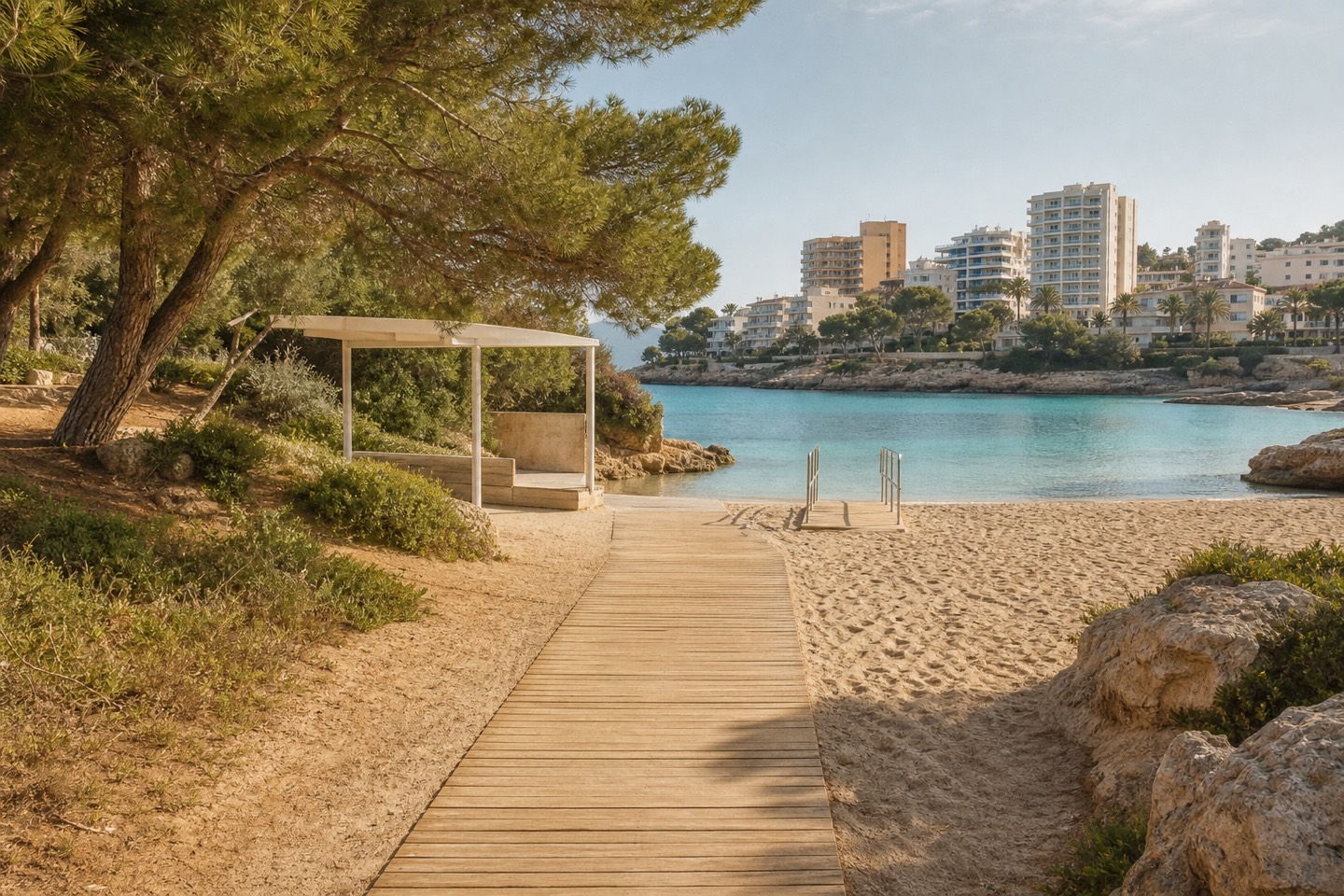 KI-generiertes Stimmungsbild eines hölzernen Strandzugangs an einer geschützten urbanen Bucht nach dem Vorbild der Cala Major bei Palma