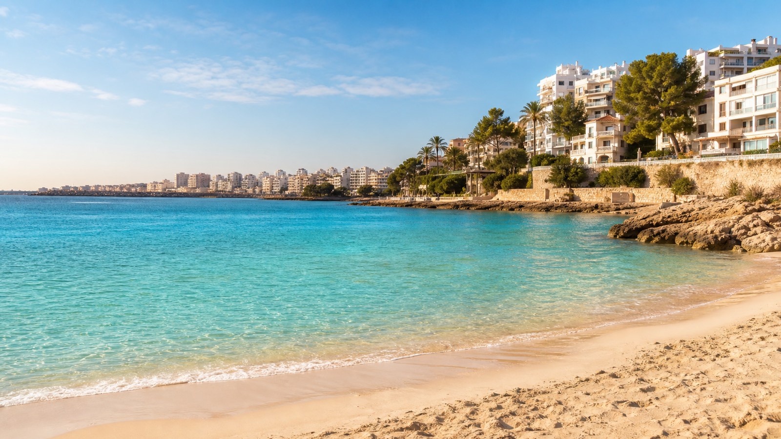 KI-generiertes Stimmungsbild von Cala Major mit kompaktem Sandstrand, ruhigem türkisfarbenem Wasser und urbaner Kulisse bei Palma