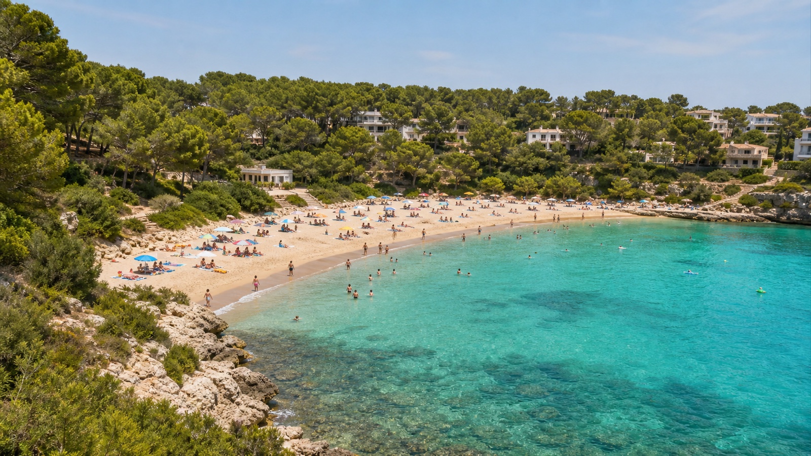 KI-generiertes Stimmungsbild der breiten Sandbucht Cala Marçal mit niedrigen Felsseiten, Pinien und zurückhaltender Ferienbebauung