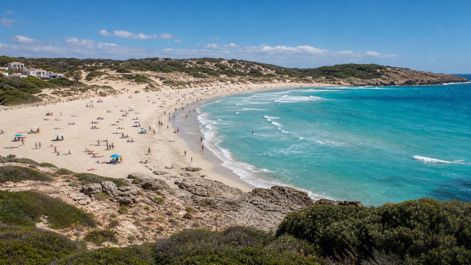 KI-generiertes Stimmungsbild der breiten Cala Mesquida mit hellem Sand, Brandung und geschütztem Dünensystem