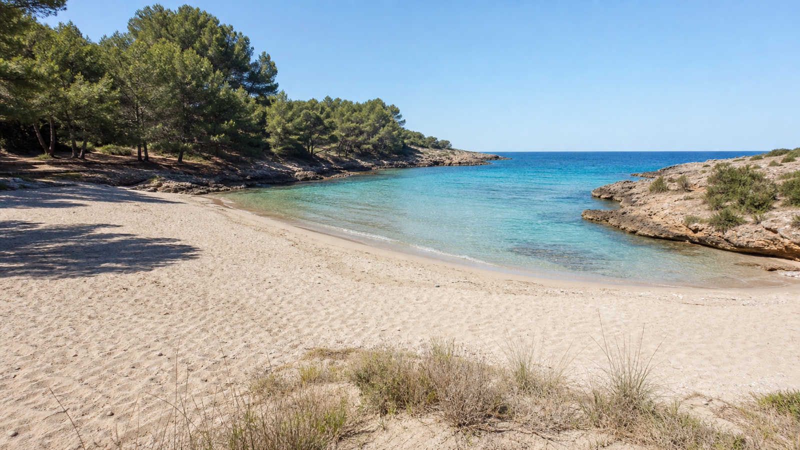 KI-generiertes Stimmungsbild der ruhigen Cala Mitjana bei Artà mit hellem Sand, Pinien und niedrigen Felsufern