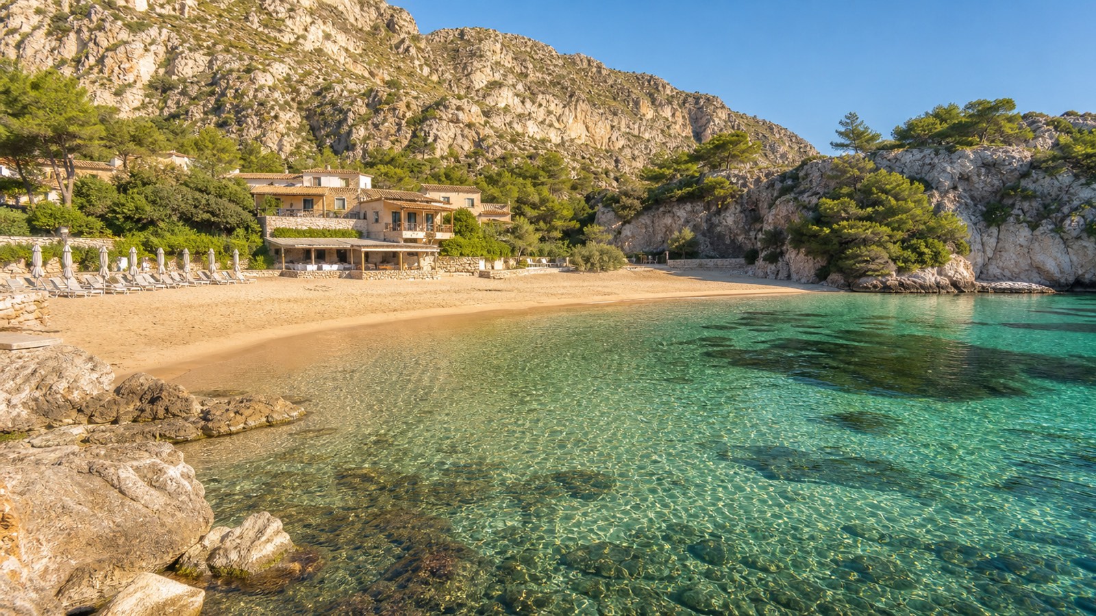 KI-generiertes Stimmungsbild eines kompakten Sandstrands im Stil der Cala Molins mit Liegen, klarem Wasser und Kalksteinfelsen