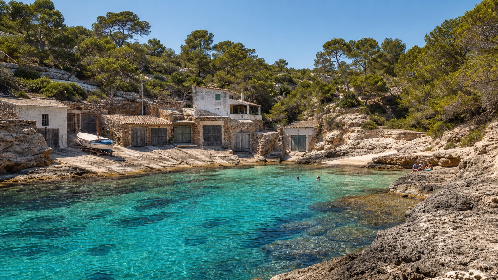 KI-generiertes Stimmungsbild der felsigen Cala s’Almunia mit Fischerhäusern, Bootsrampen und klarem Wasser