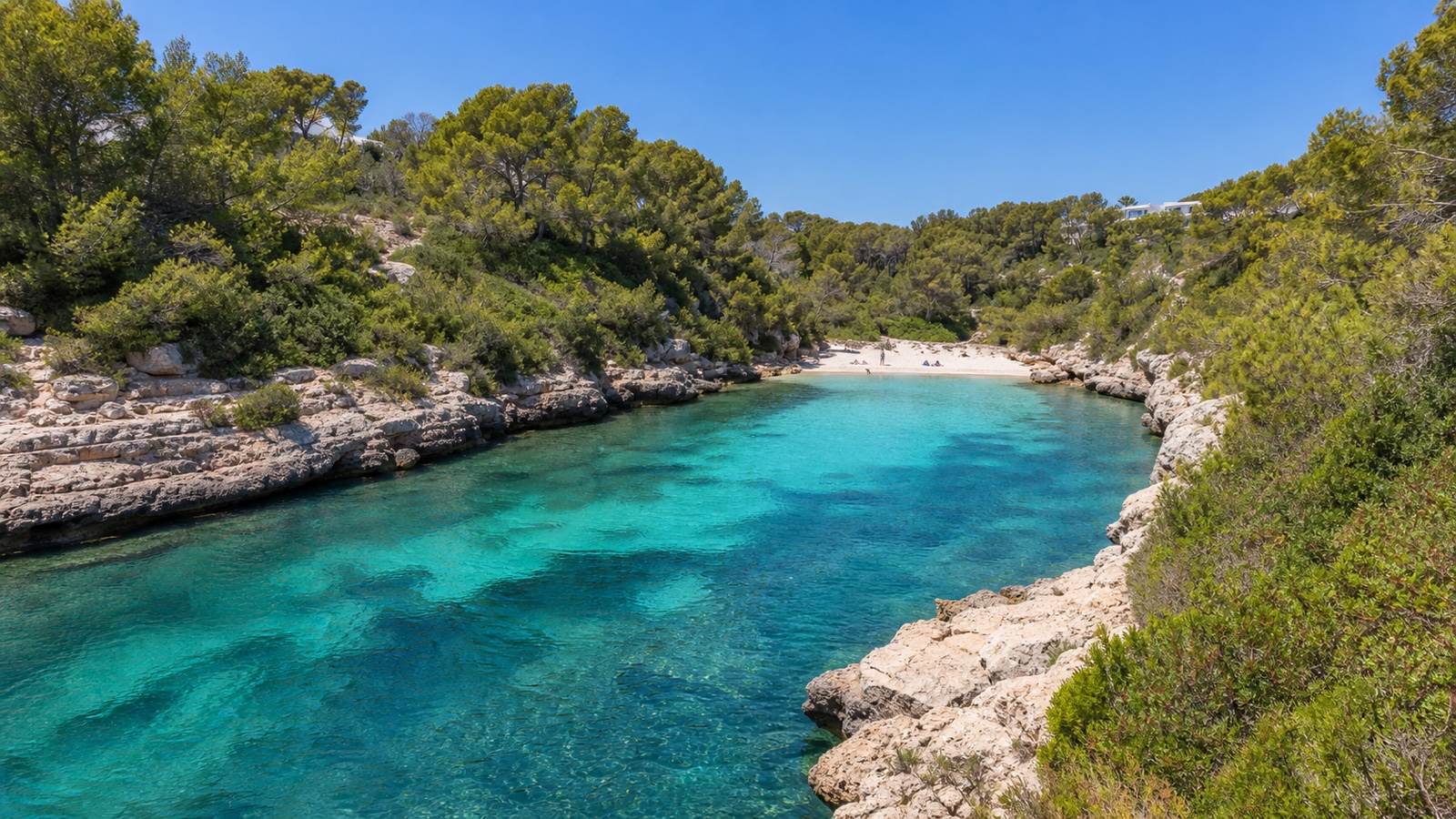 KI-generiertes Stimmungsbild der kleinen Sandbucht Cala Serena auf Mallorca mit niedrigen Felsen und Pinien
