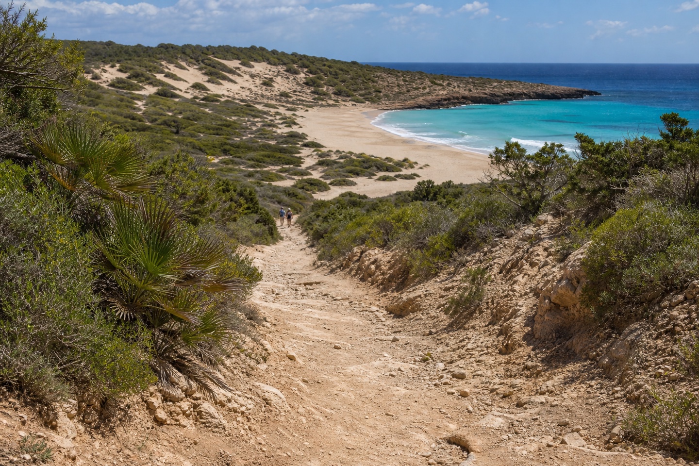 KI-generiertes Stimmungsbild eines rauen Zugangswegs durch mediterrane Vegetation hinunter zur Cala Torta