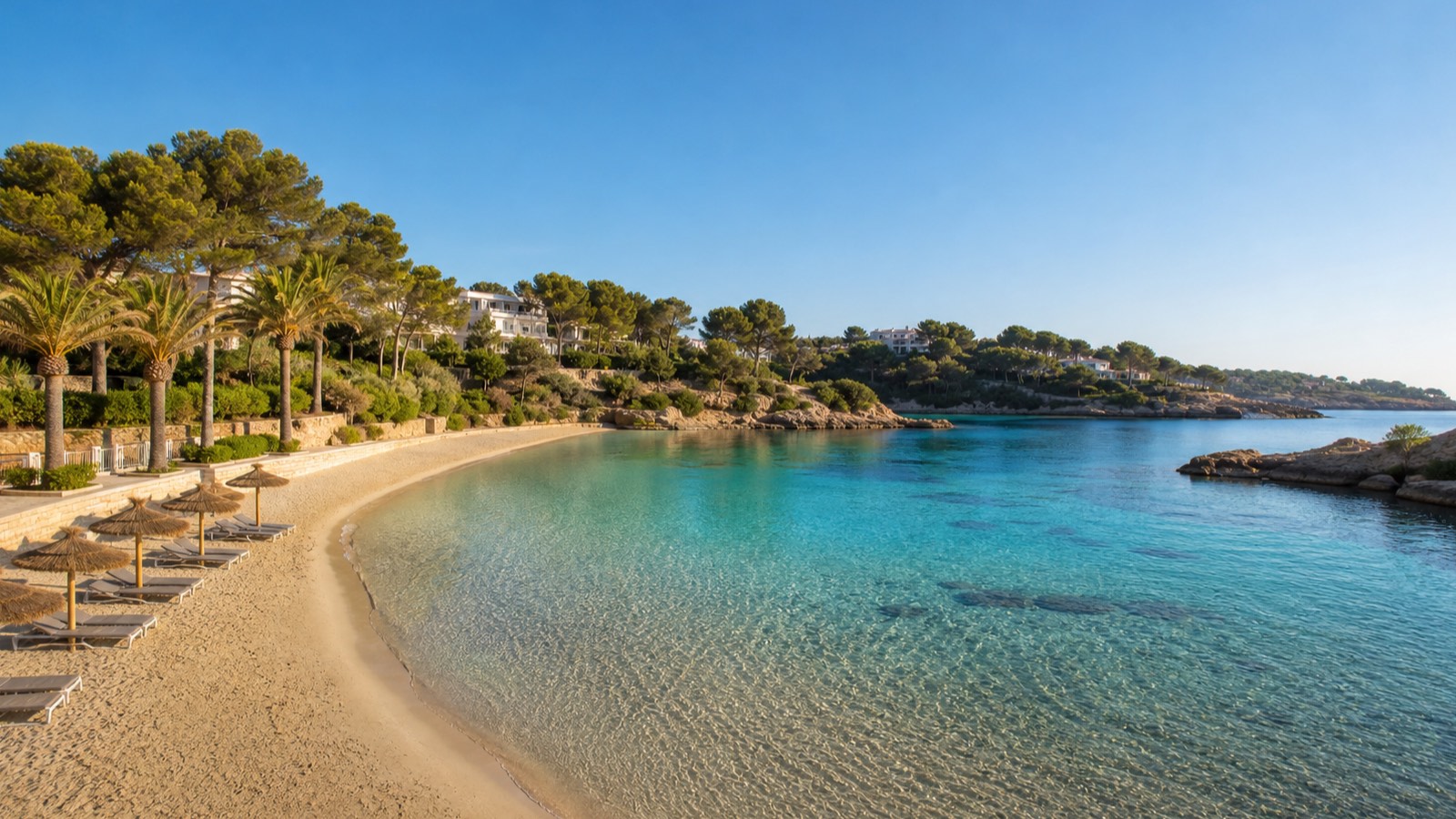 KI-generiertes Stimmungsbild von Cala Vinyes mit kleiner Sandbucht, klarem Wasser, Palmen und Pinien