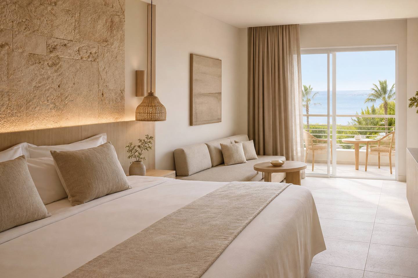 KI-generiertes redaktionelles Stimmungsbild eines mediterranen Hotelzimmers für den Hotelcheck des CALAS PARK in Cales De Mallorca