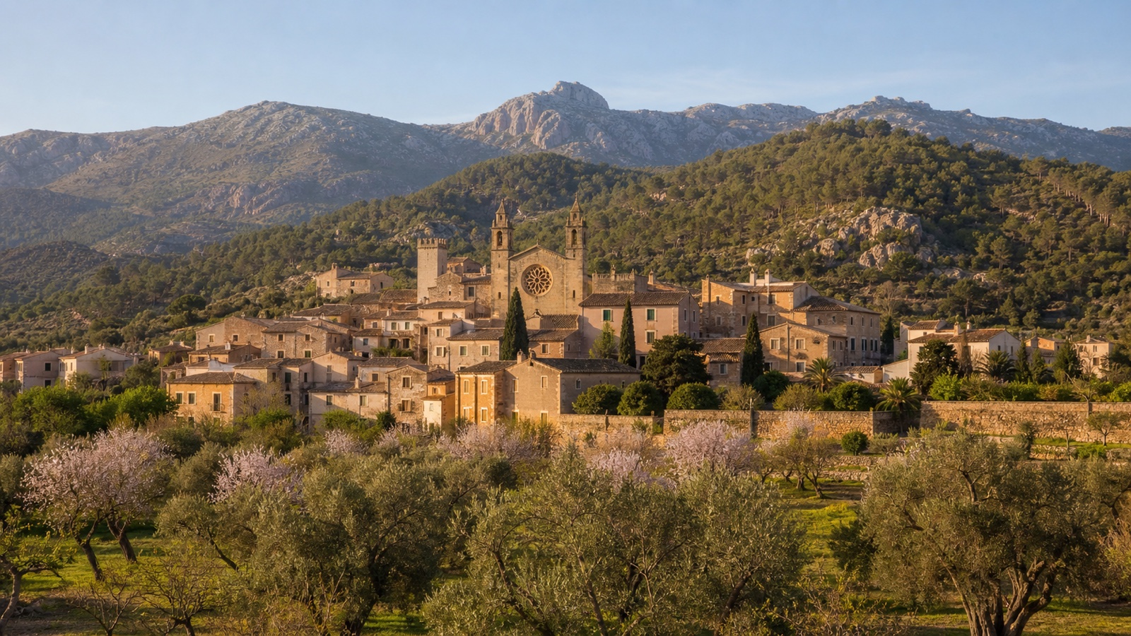 KI-generiertes Stimmungsbild von Calvià Vila mit Kirche, Olivenfeldern und Tramuntana-Ausläufern