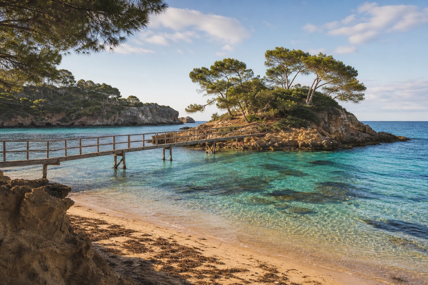 KI-generiertes Stimmungsbild eines schmalen Holzstegs über klarem Wasser zu einer kleinen Felsinsel bei Camp de Mar