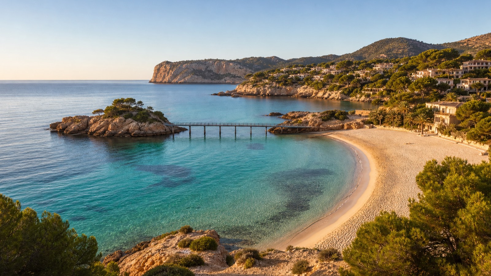 KI-generiertes Stimmungsbild der U-förmigen Bucht von Camp de Mar mit Sandstrand, türkisfarbenem Wasser und Holzsteg
