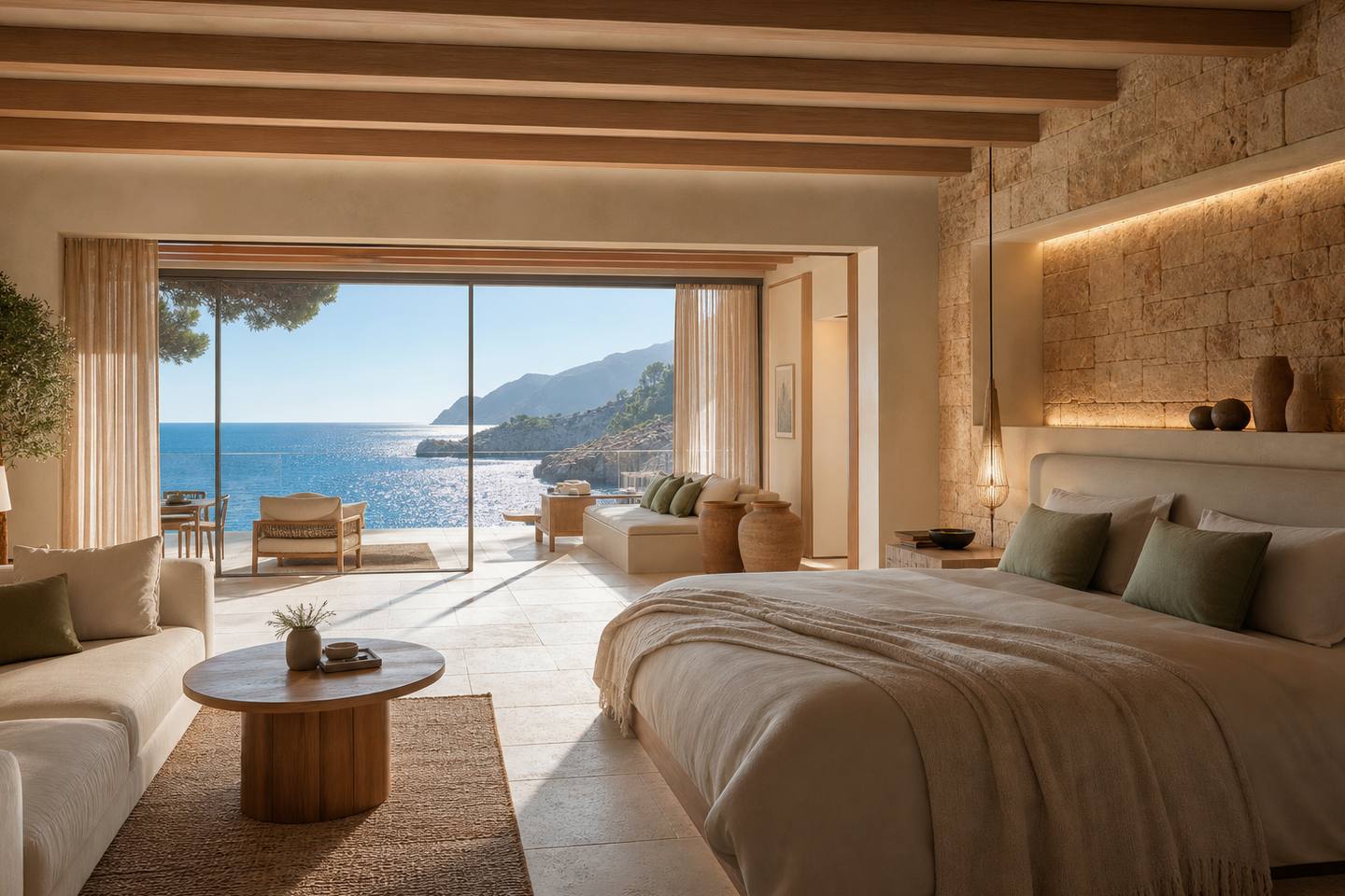 KI-generiertes redaktionelles Stimmungsbild eines mediterranen Hotelzimmers für den Hotelcheck des Can Aulí Luxury Retreat in Pollença