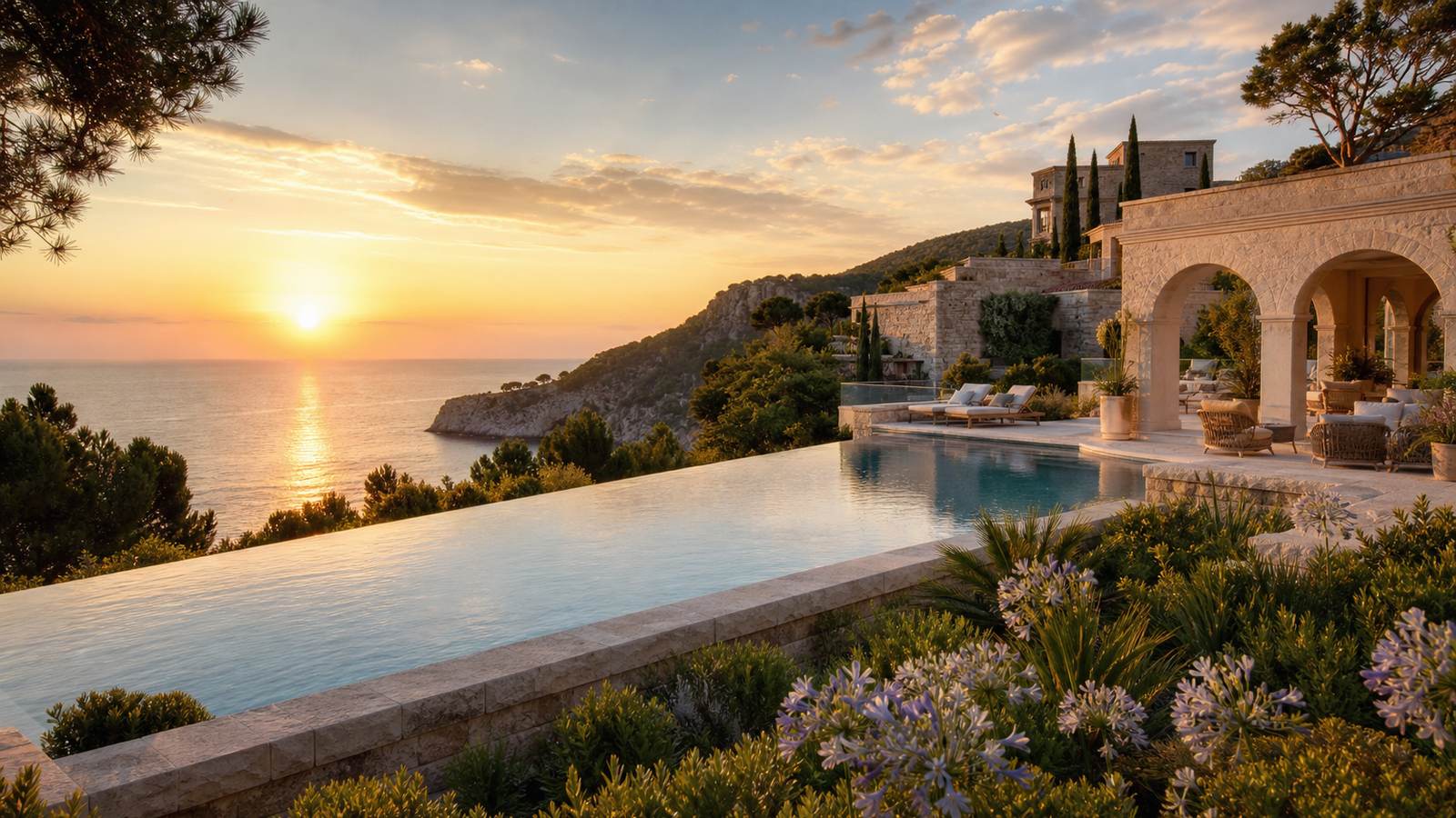 KI-generiertes Mallorca-Stimmungsbild eines mediterranen Hotel-Außenbereichs für den Hotelcheck des CAN BORDOY GRAND HOUSE & GARDEN in Palma