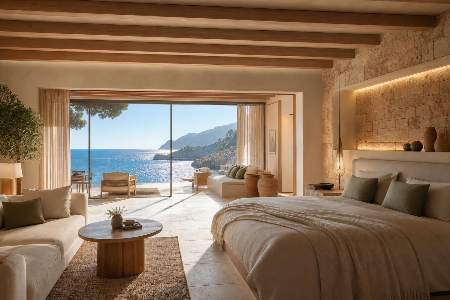KI-generiertes redaktionelles Stimmungsbild eines mediterranen Hotelzimmers für den Hotelcheck des CAN BORDOY GRAND HOUSE & GARDEN in Palma