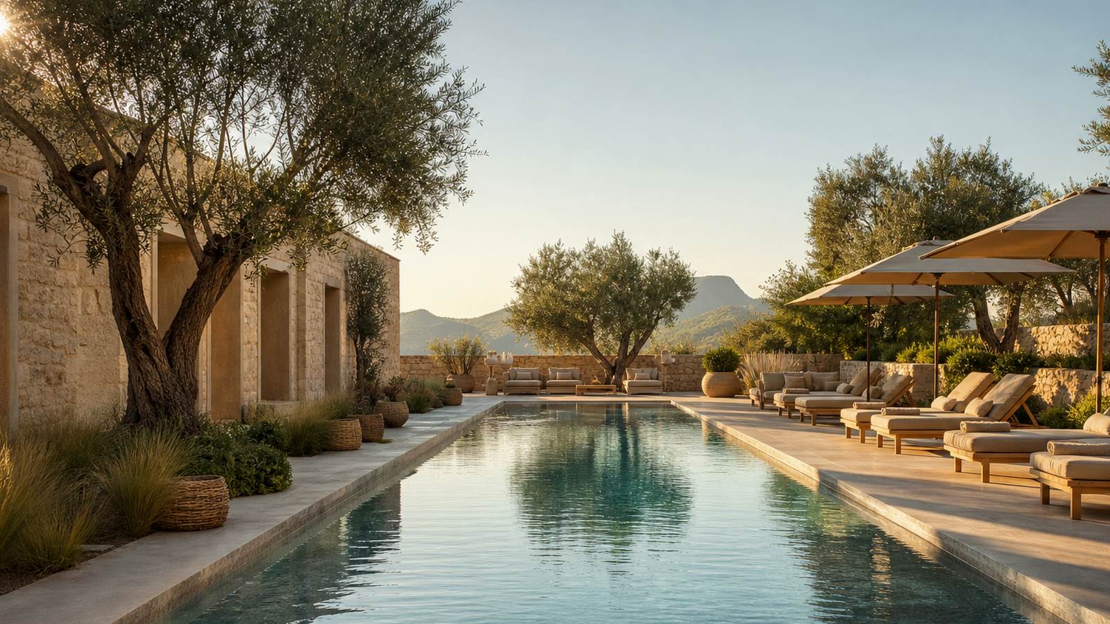 KI-generiertes Mallorca-Stimmungsbild eines mediterranen Hotel-Außenbereichs für den Hotelcheck des CAN CRUIA in Canyamel