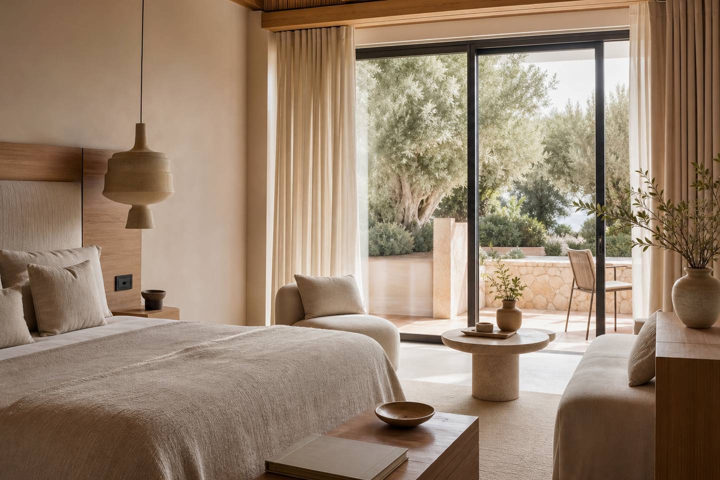 KI-generiertes redaktionelles Stimmungsbild eines mediterranen Hotelzimmers für den Hotelcheck des CAN CRUIA in Canyamel