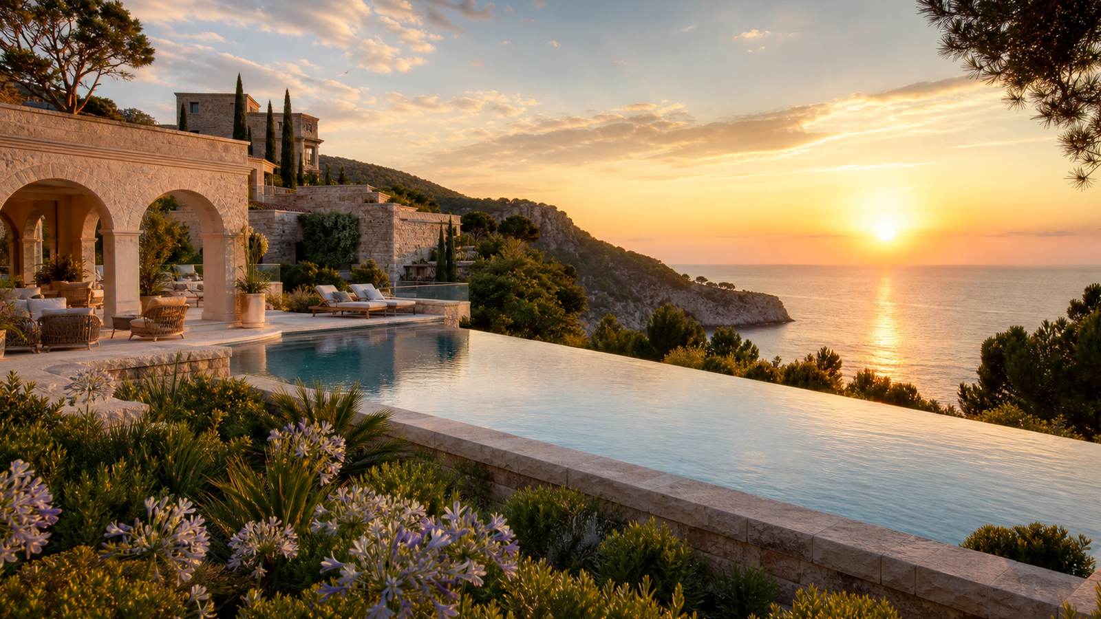 KI-generiertes Mallorca-Stimmungsbild eines mediterranen Hotel-Außenbereichs für den Hotelcheck des Can Ferrereta in Santanyí