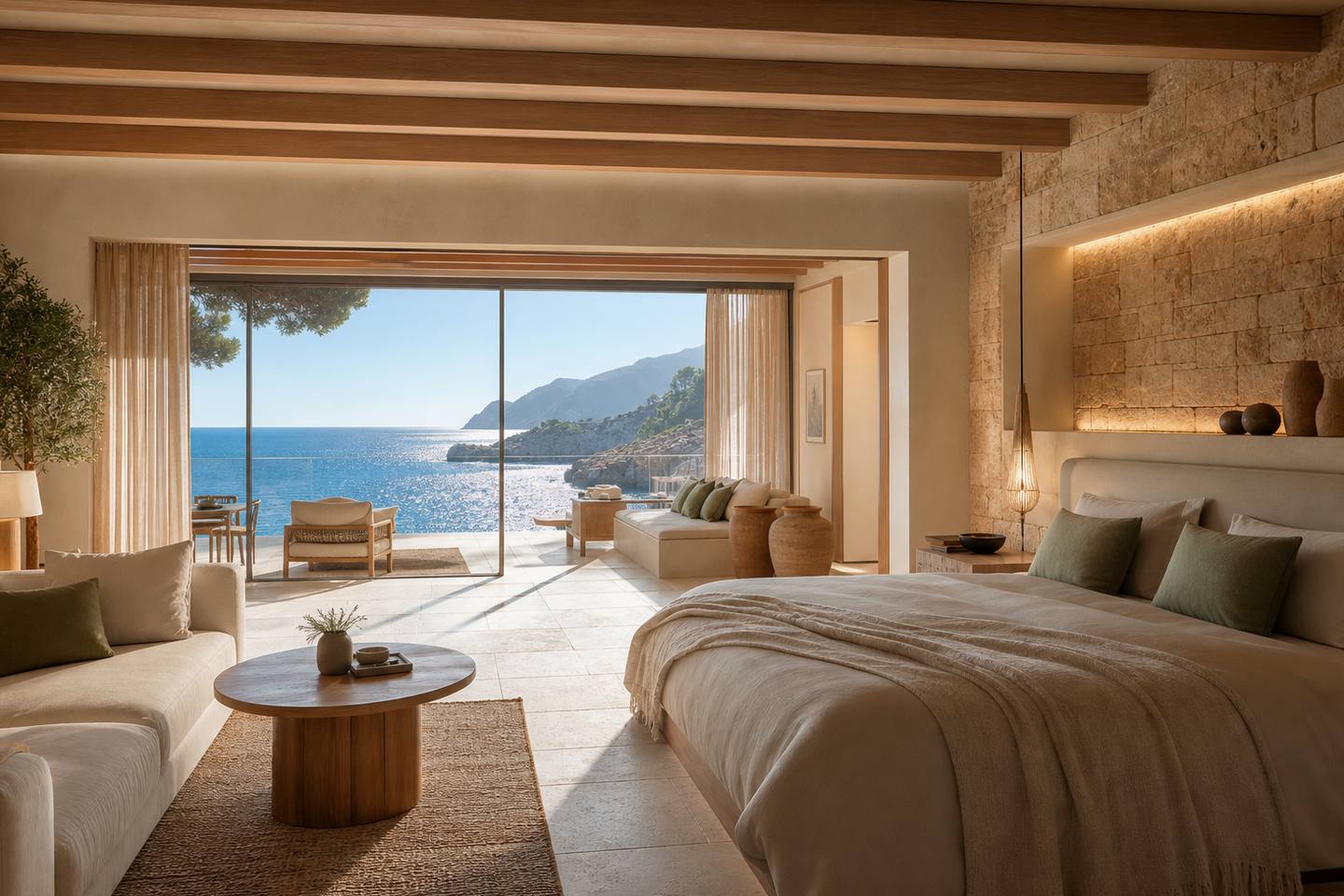 KI-generiertes redaktionelles Stimmungsbild eines mediterranen Hotelzimmers für den Hotelcheck des Can Ferrereta in Santanyí