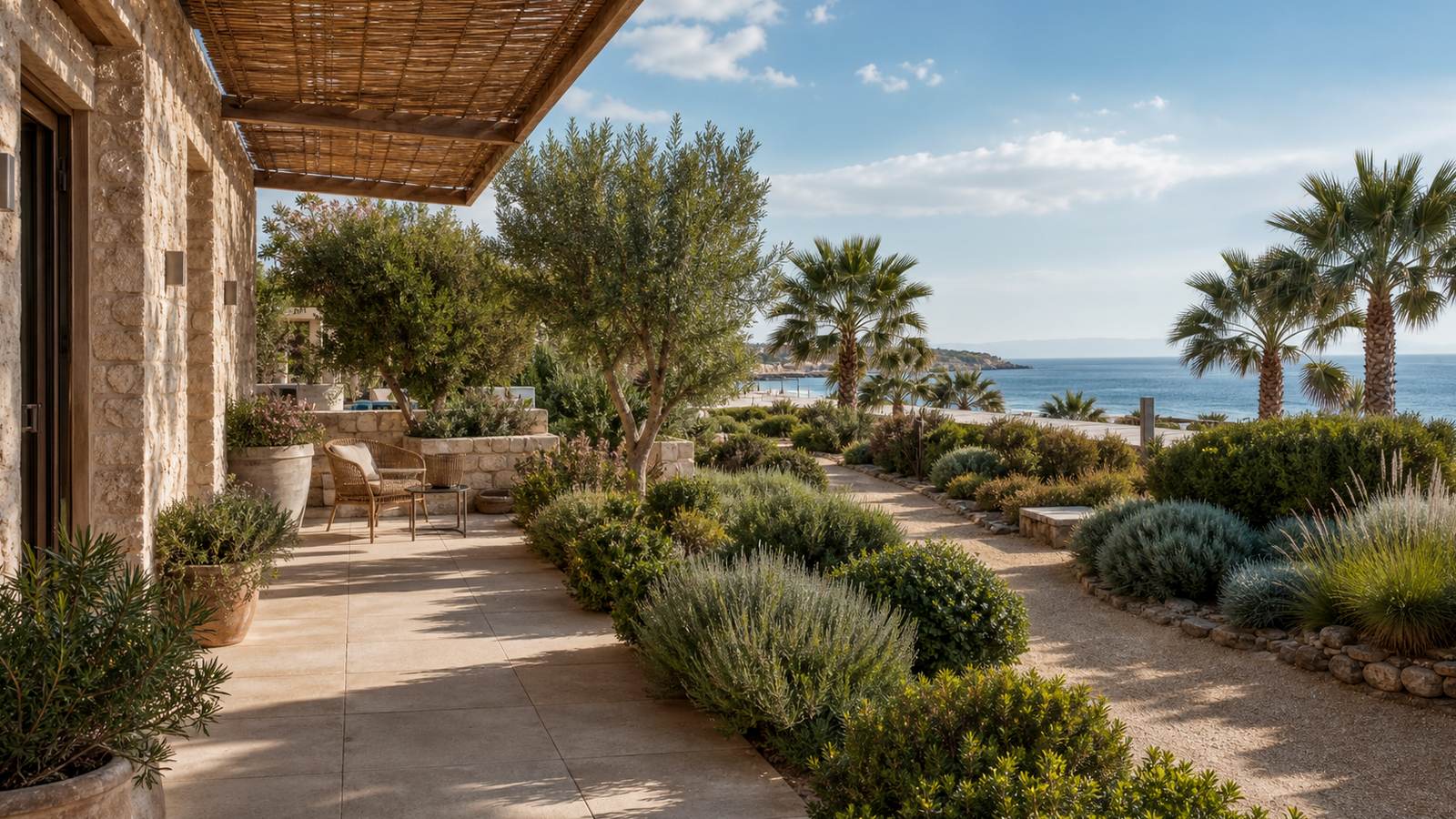KI-generiertes Mallorca-Stimmungsbild eines mediterranen Hotel-Außenbereichs für den Hotelcheck des CAN MORAGUES DE SOLLER in Sóller