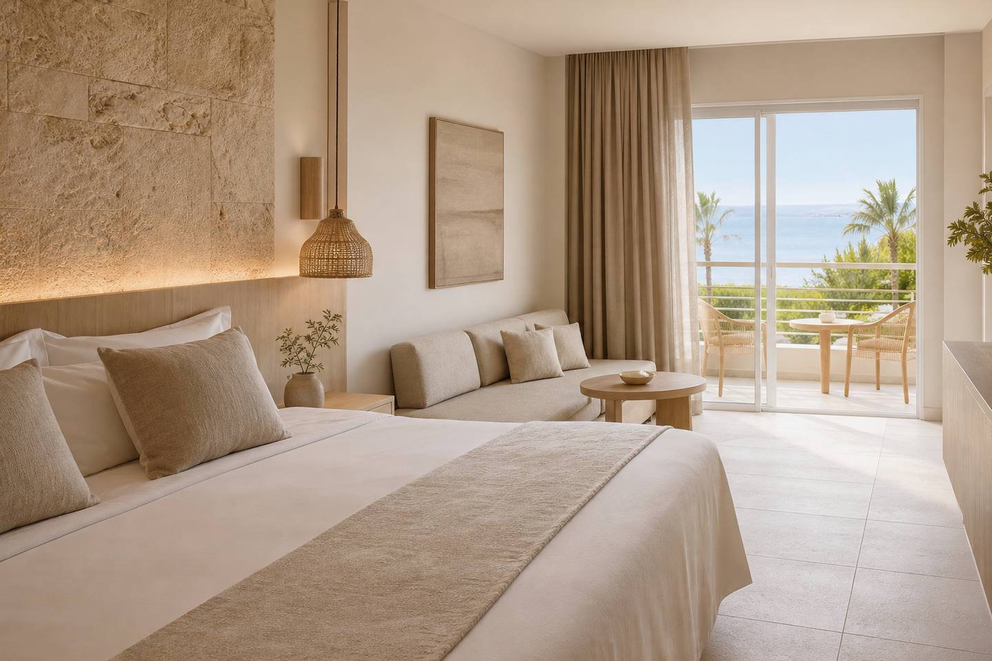 KI-generiertes redaktionelles Stimmungsbild eines mediterranen Hotelzimmers für den Hotelcheck des CAN MORAGUES DE SOLLER in Sóller