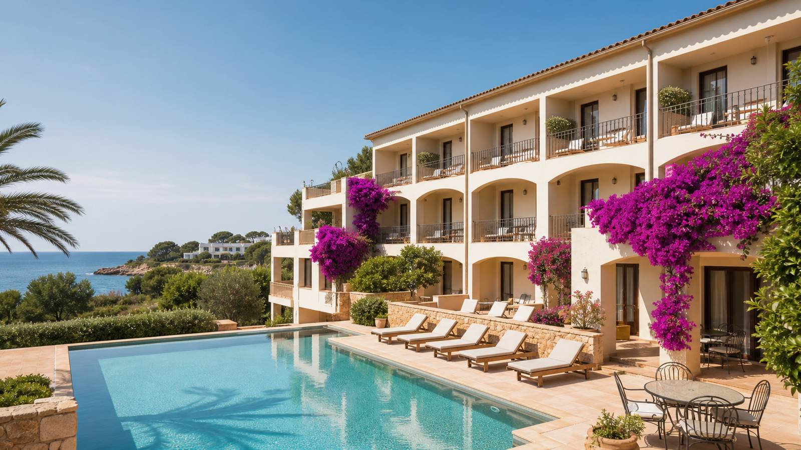 KI-generiertes Mallorca-Stimmungsbild eines mediterranen Hotel-Außenbereichs für den Hotelcheck des CAN VERDERA in Fornalutx