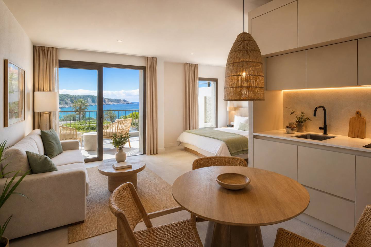 KI-generiertes redaktionelles Stimmungsbild eines mediterranen Hotelzimmers für den Hotelcheck des CAN VERDERA in Fornalutx