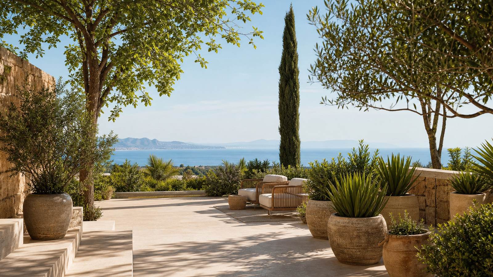 KI-generiertes Mallorca-Stimmungsbild eines mediterranen Hotel-Außenbereichs für den Hotelcheck des CANYAMEL PARK in Canyamel
