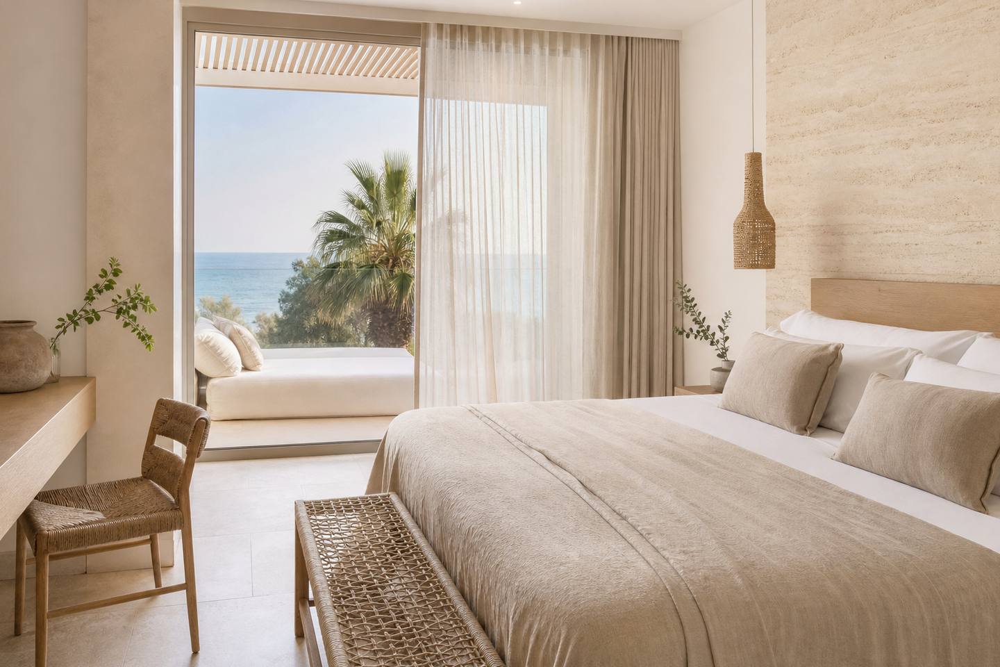 KI-generiertes redaktionelles Stimmungsbild eines mediterranen Hotelzimmers für den Hotelcheck des CANYAMEL PARK in Canyamel