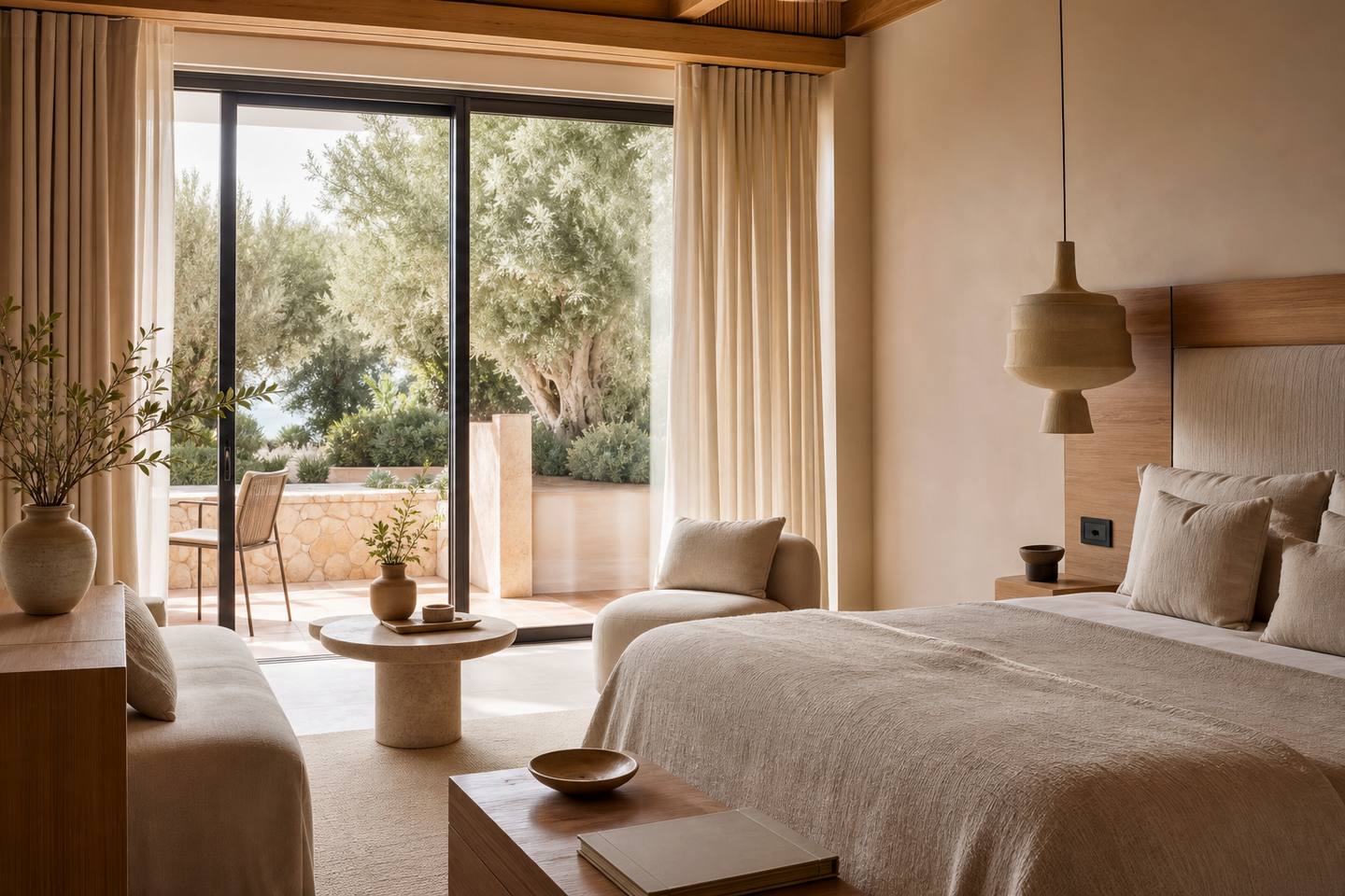 KI-generiertes redaktionelles Stimmungsbild eines mediterranen Hotelzimmers für den Hotelcheck des CAPE COLOM HOTEL in Portocolom