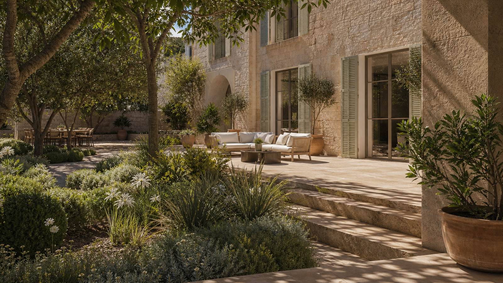 KI-generiertes Mallorca-Stimmungsbild eines mediterranen Hotel-Außenbereichs für den Hotelcheck des CAPRICE ALCUDIA PORT in Port D´Alcúdia