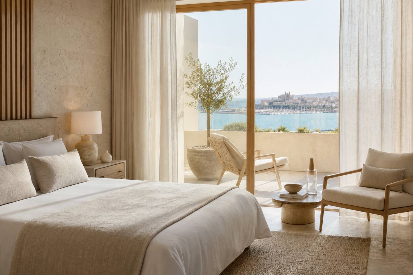 KI-generiertes redaktionelles Stimmungsbild eines mediterranen Hotelzimmers für den Hotelcheck des CAPRICE ALCUDIA PORT in Port D´Alcúdia