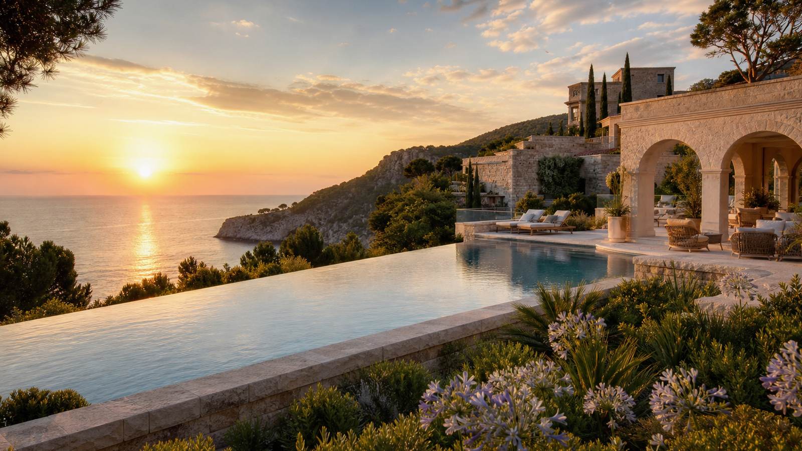 KI-generiertes Mallorca-Stimmungsbild eines mediterranen Hotel-Außenbereichs für den Hotelcheck des CARROSSA HOTEL - SPA - VILLAS in Artà